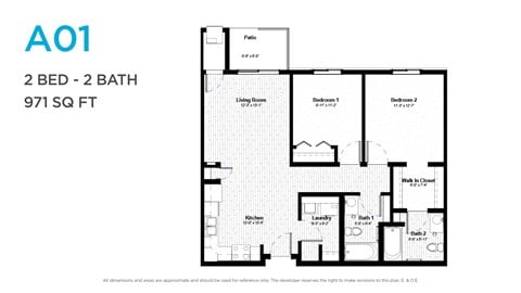 Floor plan for 2 beds, 2 baths, 908 sqft